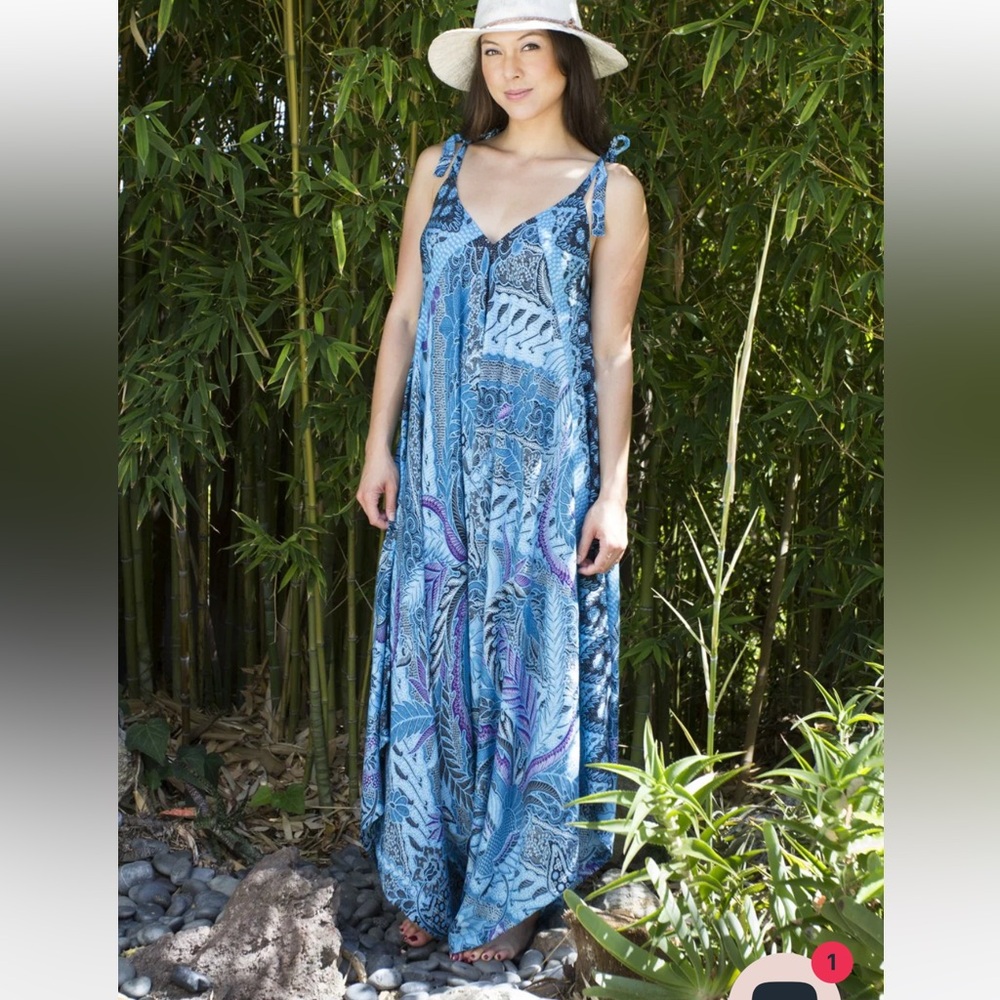 Bali Prema - Gypsy Jumpsuit in Costa Rica Batik Turquoise Purple Leaf
